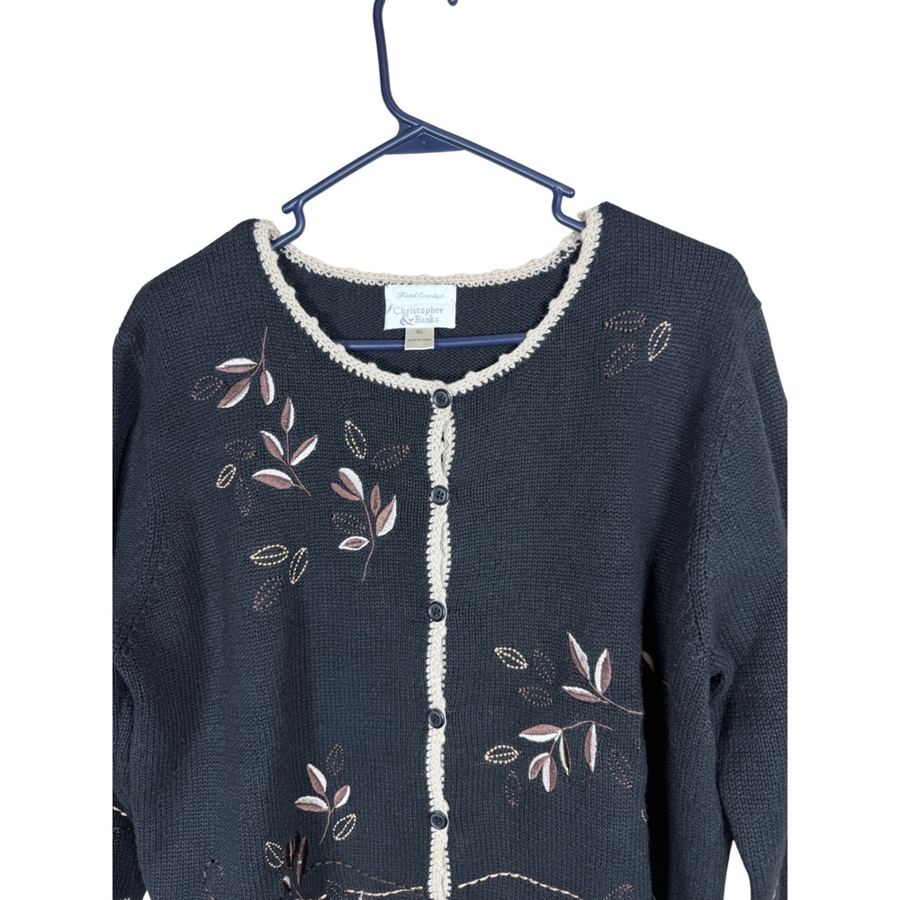 Christopher & Banks Black Embroidered Leaf Cardigan Hand Crochet Trim XL - Picture 2 of 7